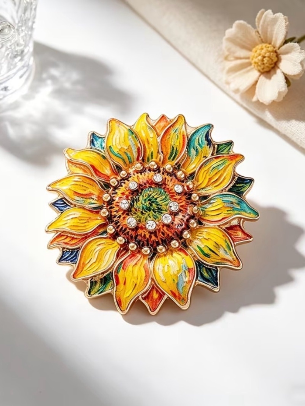 Van Gogh Style Oil Painting Sunflower Enamel Brooch NIP